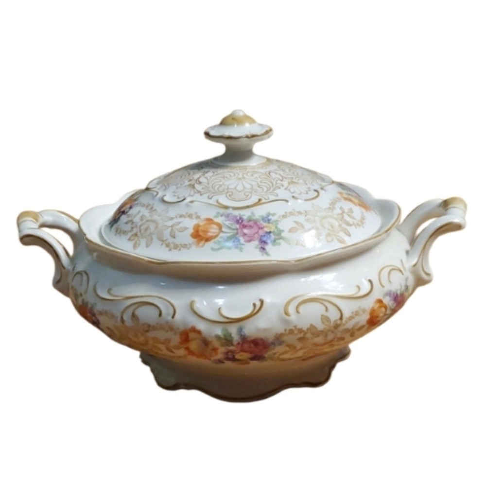 Schumann Bavaria Floral Gold Trimmed Round Covered Vegetable Porcelain Dish